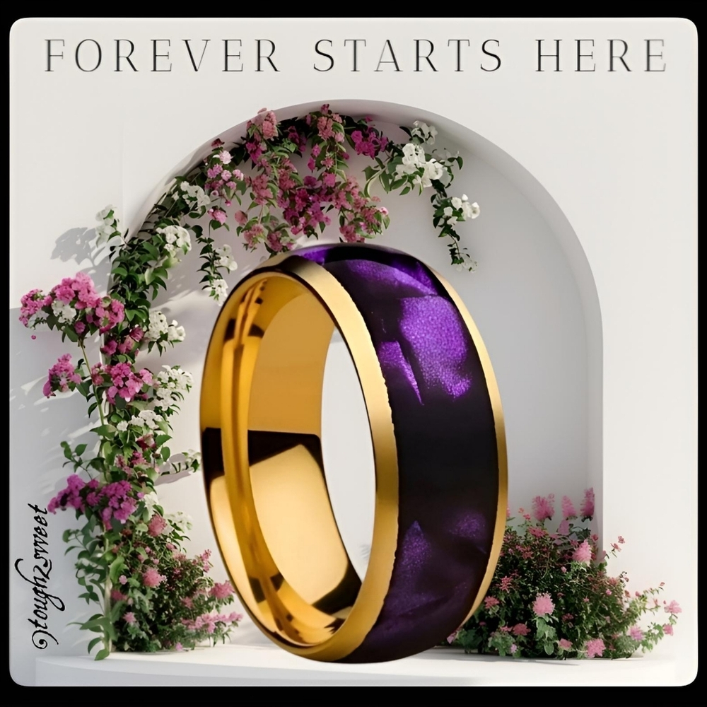 🆕️MENS STYLISH TUNGSTEN GOLD RING SIZE 13~PURPLE INLAY PROMISE/WEDDING RING (M)